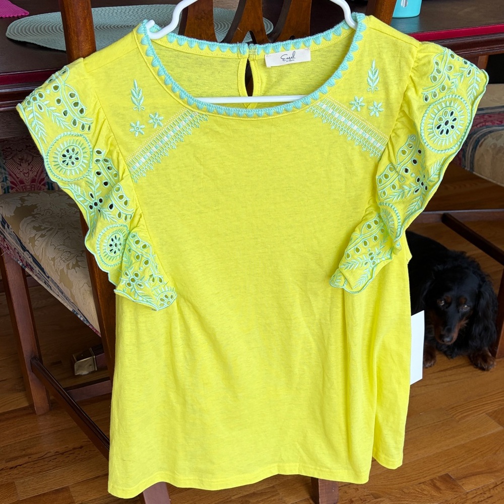 Easel Yellow Flutter Sleeve Embroidered Tee